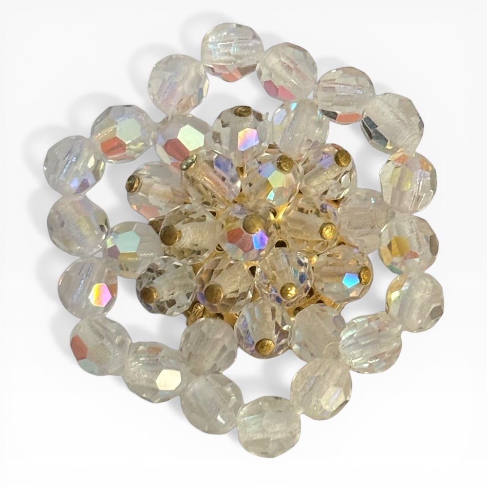 Vintage Aurora Borealis Crystal Bead Cluster‎ Brooch Gold Tone Iridescent Floral